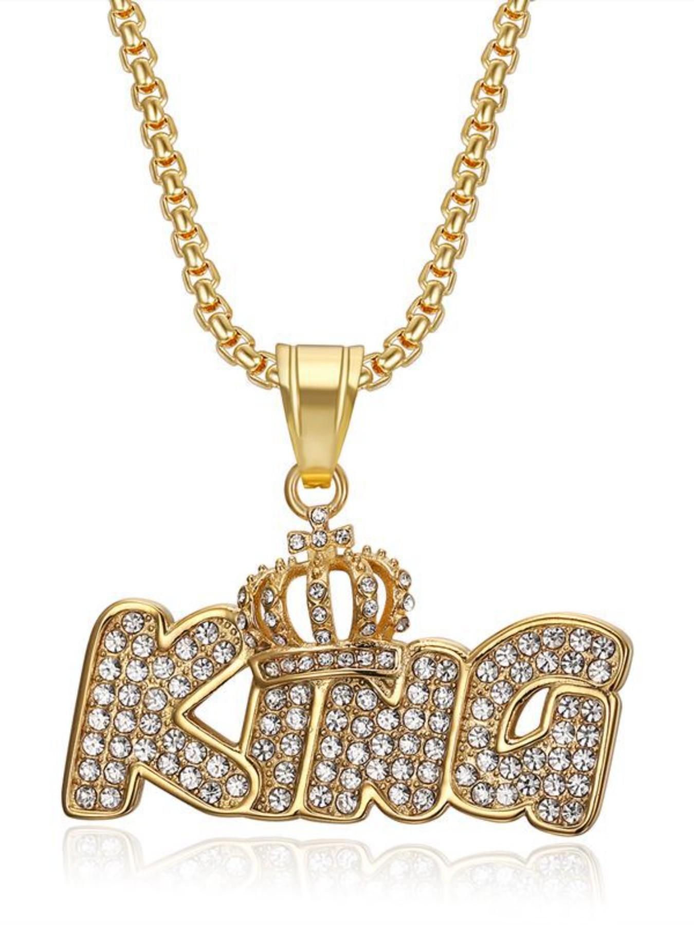 Hip Hop Titanium Gold Plated Crown Pendant Necklace, King King Letter Charm, Stylish Jewelry for Men and Women, Trendy Accessory