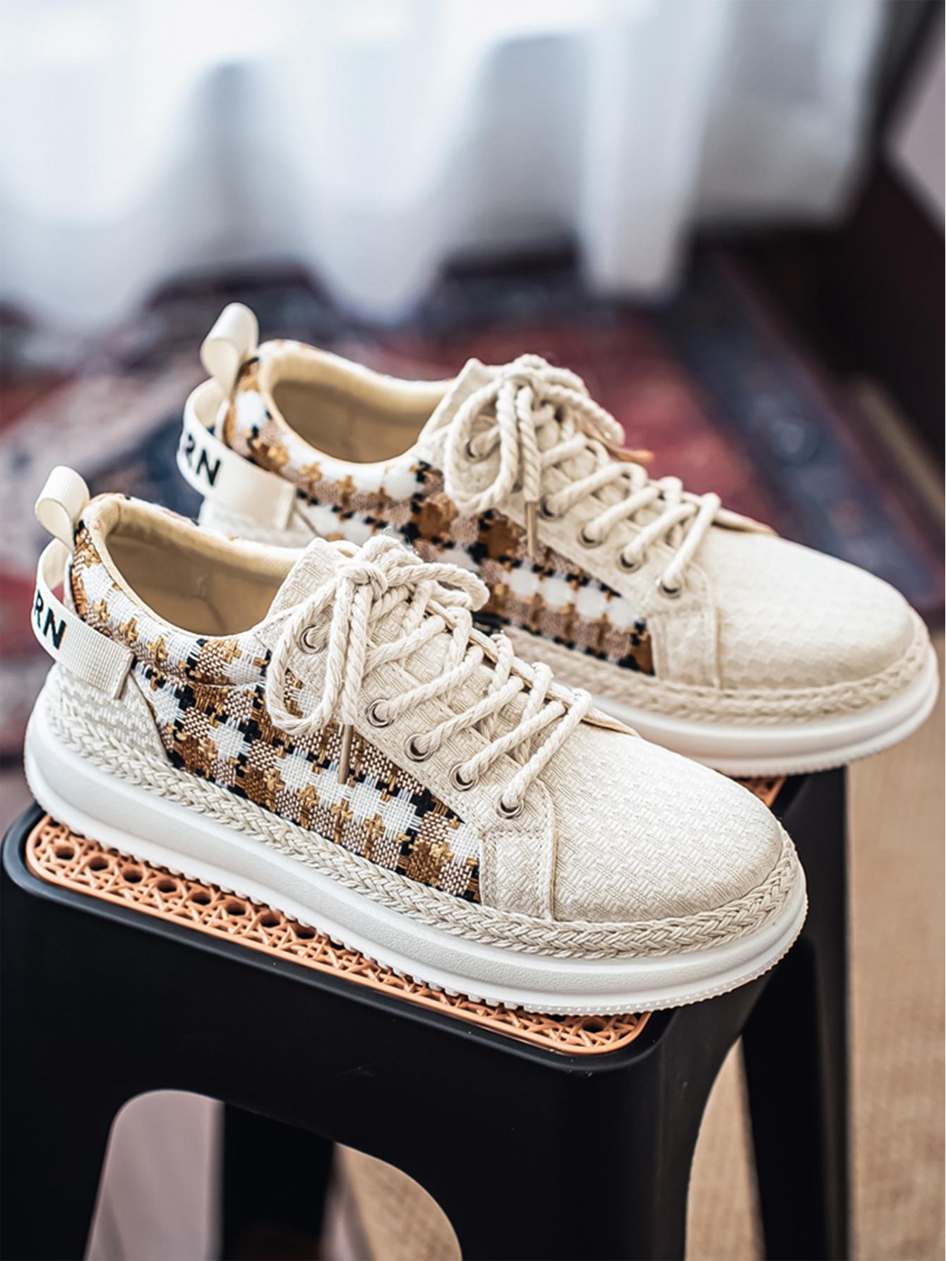 Summer New Men's Retro Plaid Laces, Braided Rope Shoelace Design, Easy-On-Off Hemp Laces, Commuter & Casual Shoes, Versatile Footwear