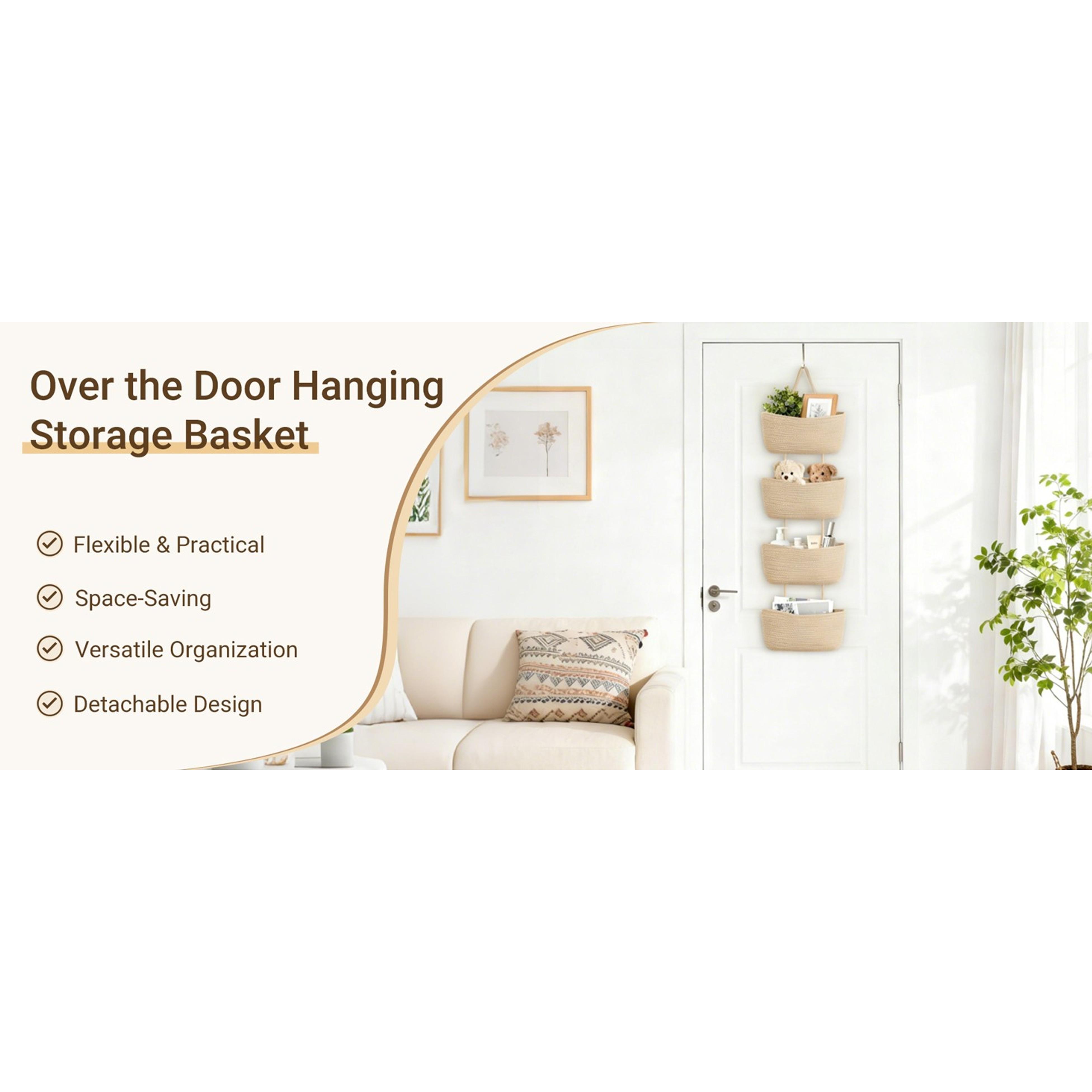 Over The Door Hanging Basket 4-Tier Woven Boho Wall Mounted Storage Organizer with Hooks for Bedroom Nursery Bathroom Apartments Dorm Pantry Decor, Jute