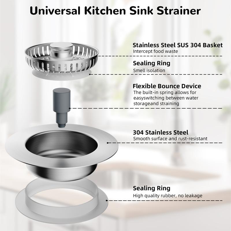 Hibbent 3 in 1 Kitchen Sink Drain Strainer and Stopper Combo, Chrome Stainless Steel Wraped Shell, Anti-Clogging Basket Strainer with Foldable Handle for US Standard 3-1/2" Drain
