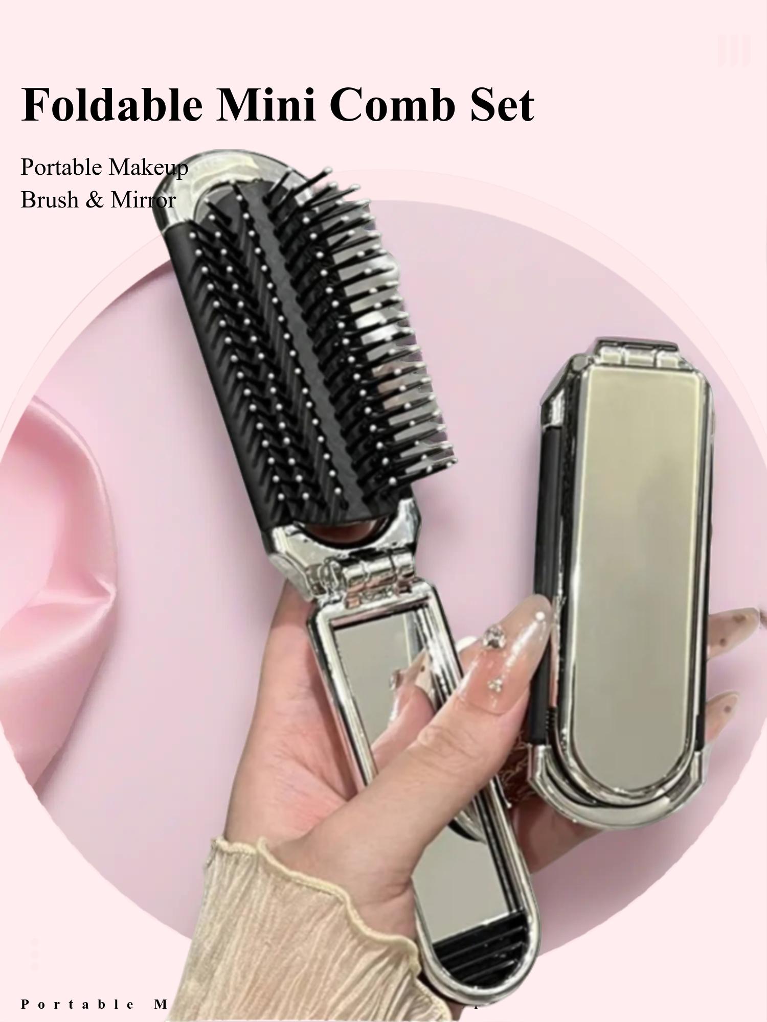 Cute Foldable Mini Comb Portable Ladies Mirror Cushion Integrated Small Massage Pad Comb, Abs Plastic Handle, Hair Styling Tool, Folding Comb