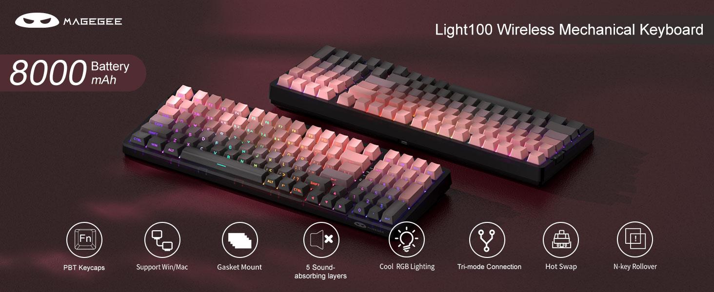 MageGee Light100 Wireless Creamy Keyboard, 96% Gasket Hot Swappable Custom Mechanical Keyboard, 3 connection methods, RGB Backlit Gaming Keyboard for Win/Mac/PC, 8000mAh Battery, PBT Keycaps