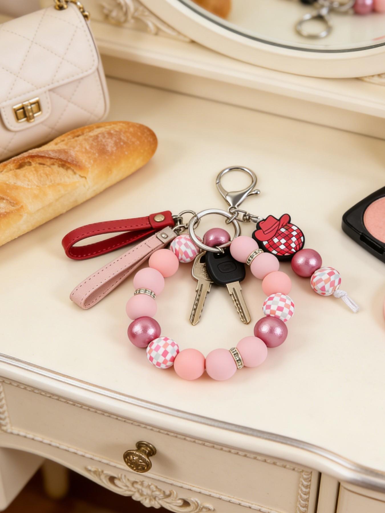 Cowboy Hat Disco Ball Beaded Keychain, Bow Checkered Silicone Wristlet, Y2K Style Bag Charm, Handmade Anti-Lost Keychain