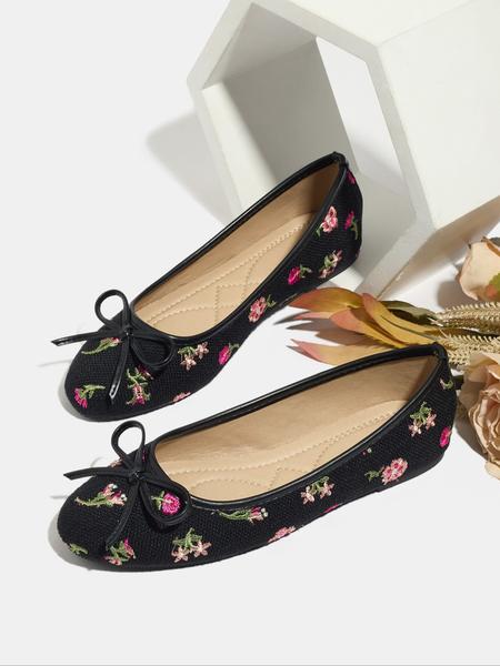 Women's Bowknot Woven Slip-On Ballet Flats, Round Toe Low Heel Embroidered Floral Design, Fashionable Autumn Winter Single Shoes
