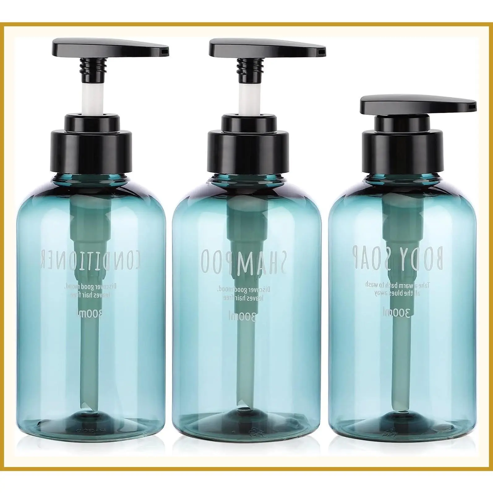 Refillable 10oz/300ml Pump Dispenser Bottles 3 Pack for Shampoo Conditioner Body Wash Lotion - Empty Plastic Press Bottles for Bathroom Shower Blue