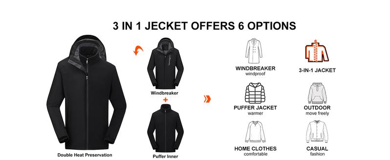 [Power Bank or Battery Pack Not included] Unisex 3-in-1 Puffer Coat Waterproof Heated Jacket with Massage Removable Warm Iiner Fleece Jackets