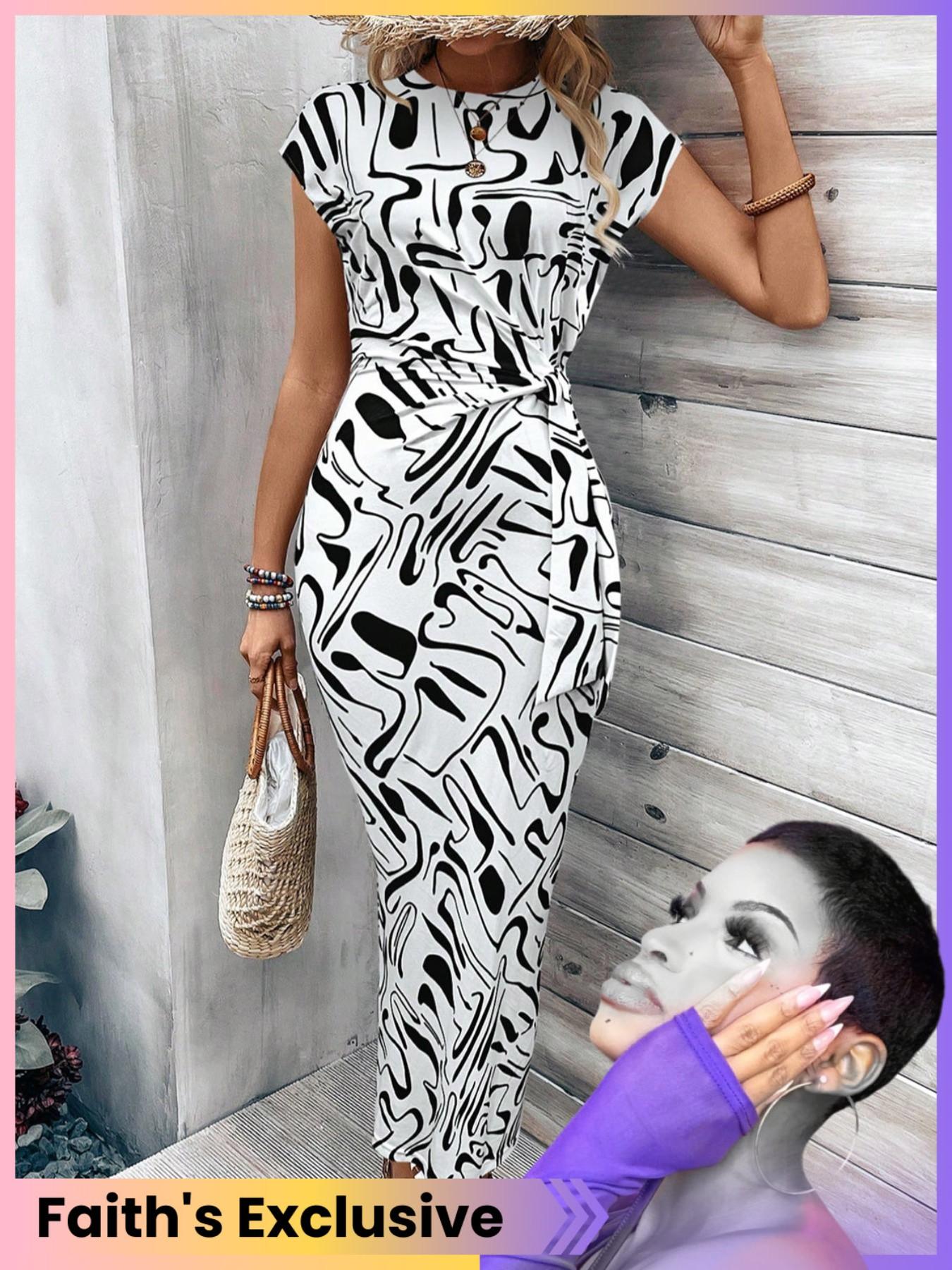 Women's Ruched Knot Front Bodycon Fit Dress, Casual Batwing Sleeve Round Neck Long Dress, Ladies Clothes for Daily Wear