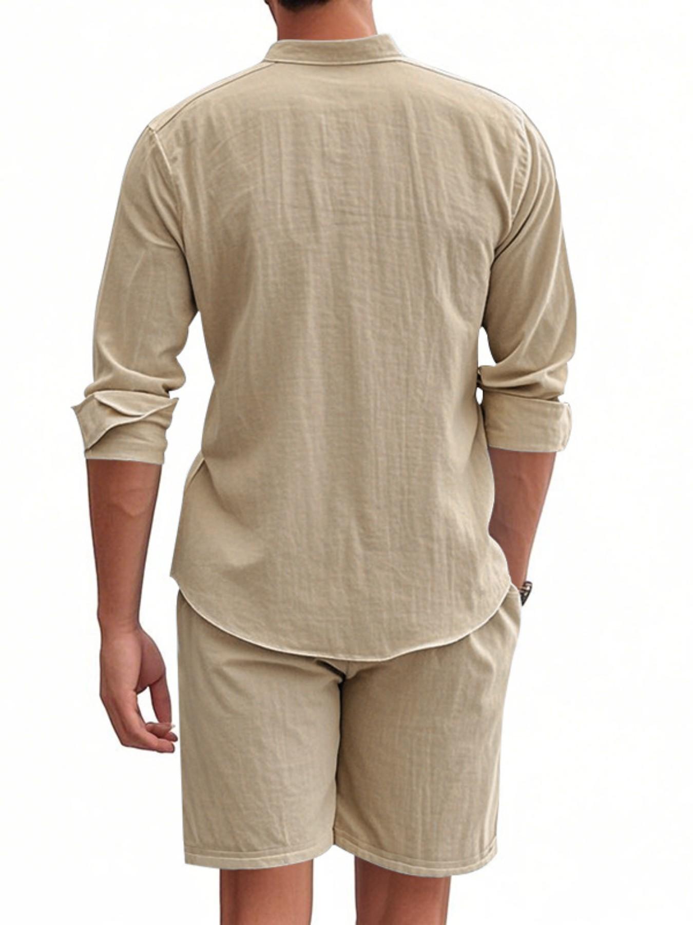 Men's Summer Linen Plain Button-Up Shirt Long Sleeve Shorts Cardigan Casual Loose Beach Set, 2026 Cross-Border Fashion