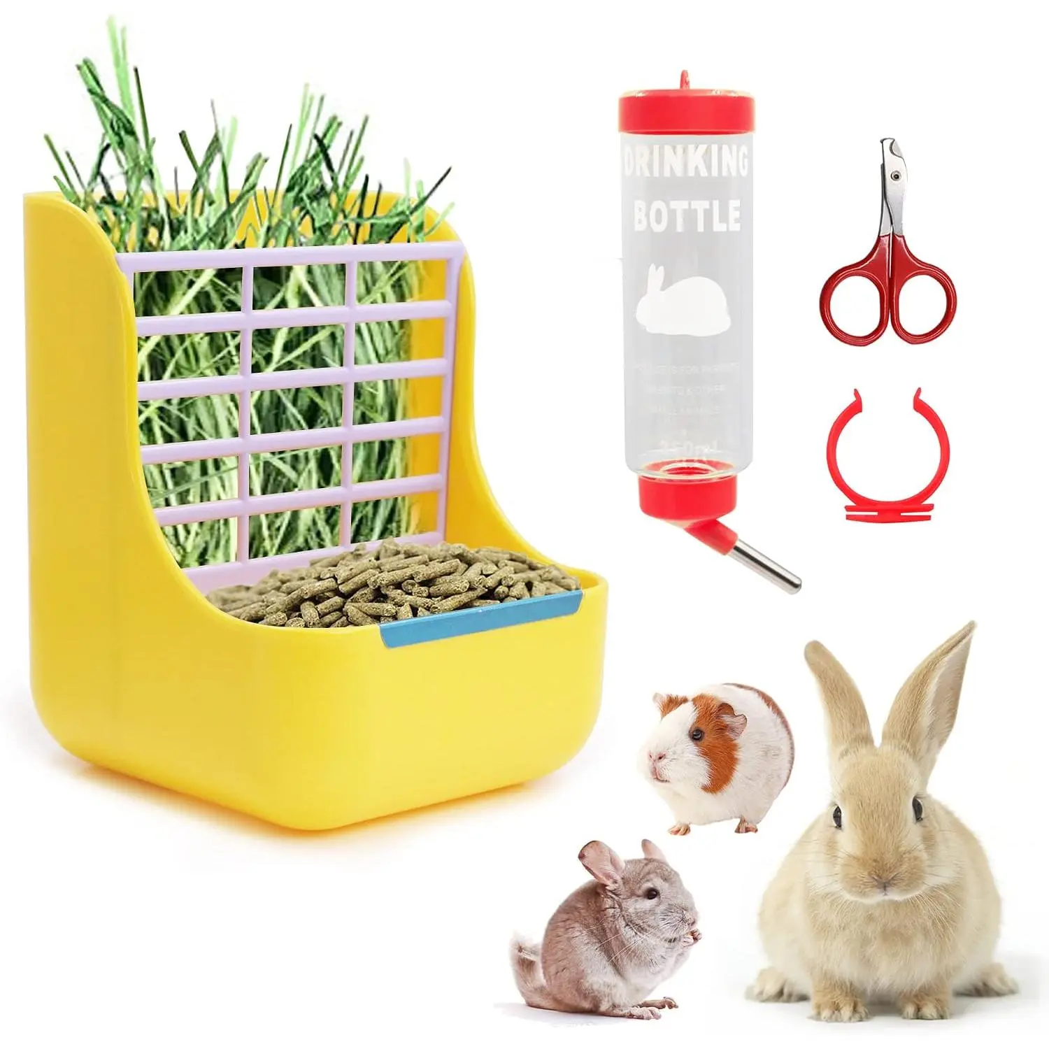 3-in-1 Guinea Pig Hay Feeder Water Bottle   Set, Pets Feeding Kit for Small  Bunny Chinchilla Guinea Pig , 250ml  Water Bottle No Drip(Yellow)