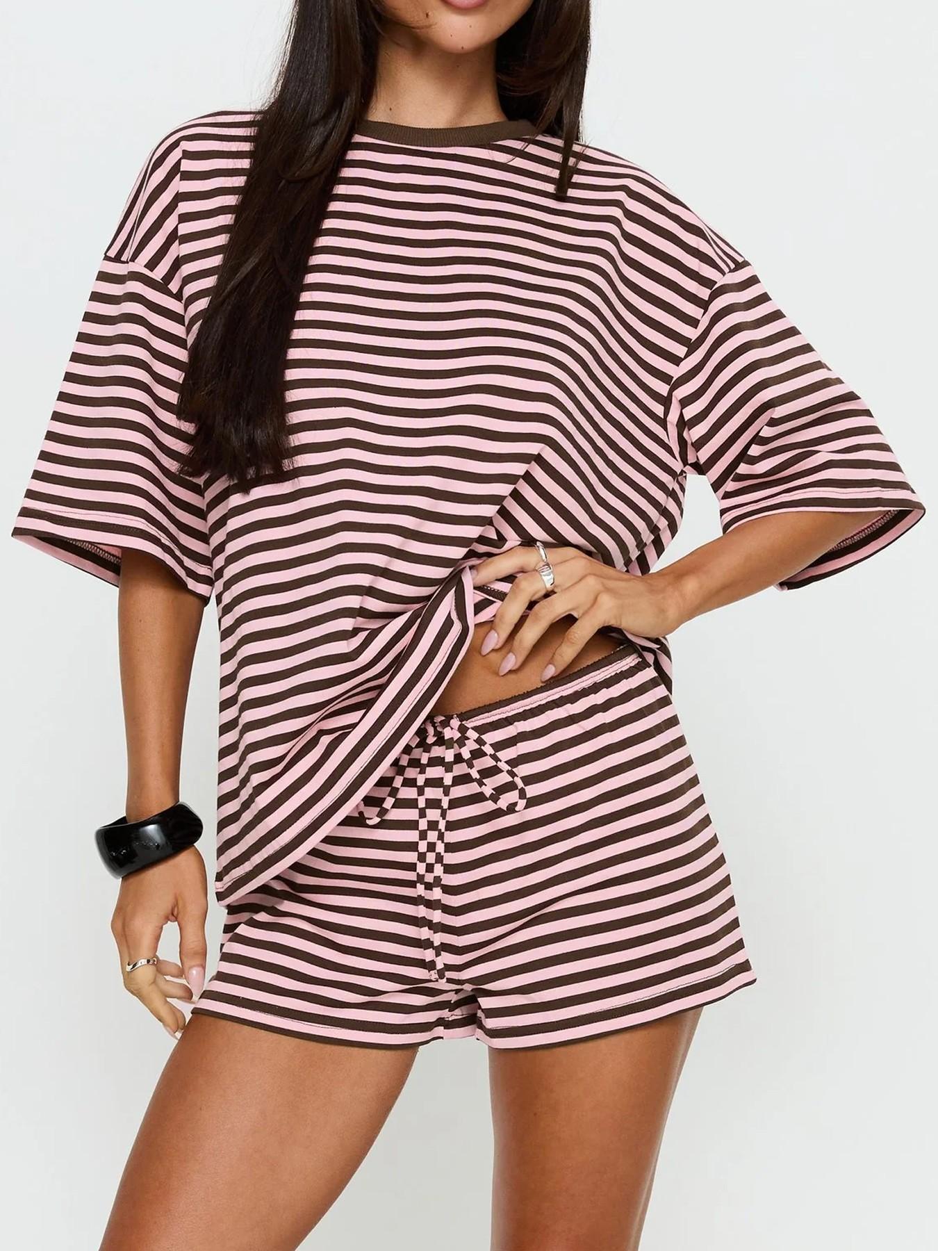 2 Spring Summer Stripe Print 2 Piece Outfit Women | Oversized T-Shirt + Drawstring Shorts | Soft Casual Lounge Set | Y2K Clean Girl Style for Daily Home Vacation Wear 2 Spring Summer Stripe Print 2 Piece Outfit Women | Oversized T-Shirt + Drawstring Shorts | Soft Casual Lounge Set | Y2K Clean Girl Style for Daily Home Vacation Wear