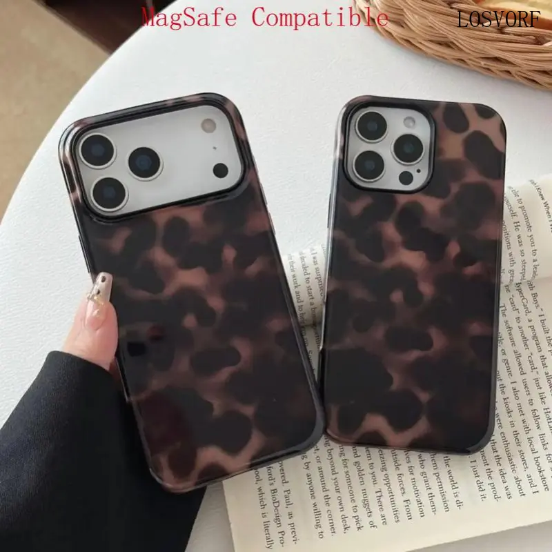 [Magnetic Compatible]Compatible with iPhone 17 Pro Max Case Tortoise Shell Phone Case for Women Girl Shockproof TPU and Hard PC Protective Cover - Amber Brown Leopard