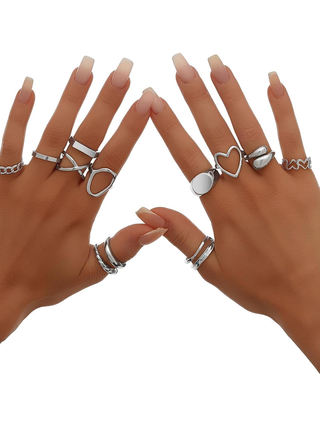 12 Pcs Stacked Rings Set, 18k Gold Plated, Open Jump Ring, Heart Pattern, Casual Style, All Seasons, Sizes 4-9, Silver Color