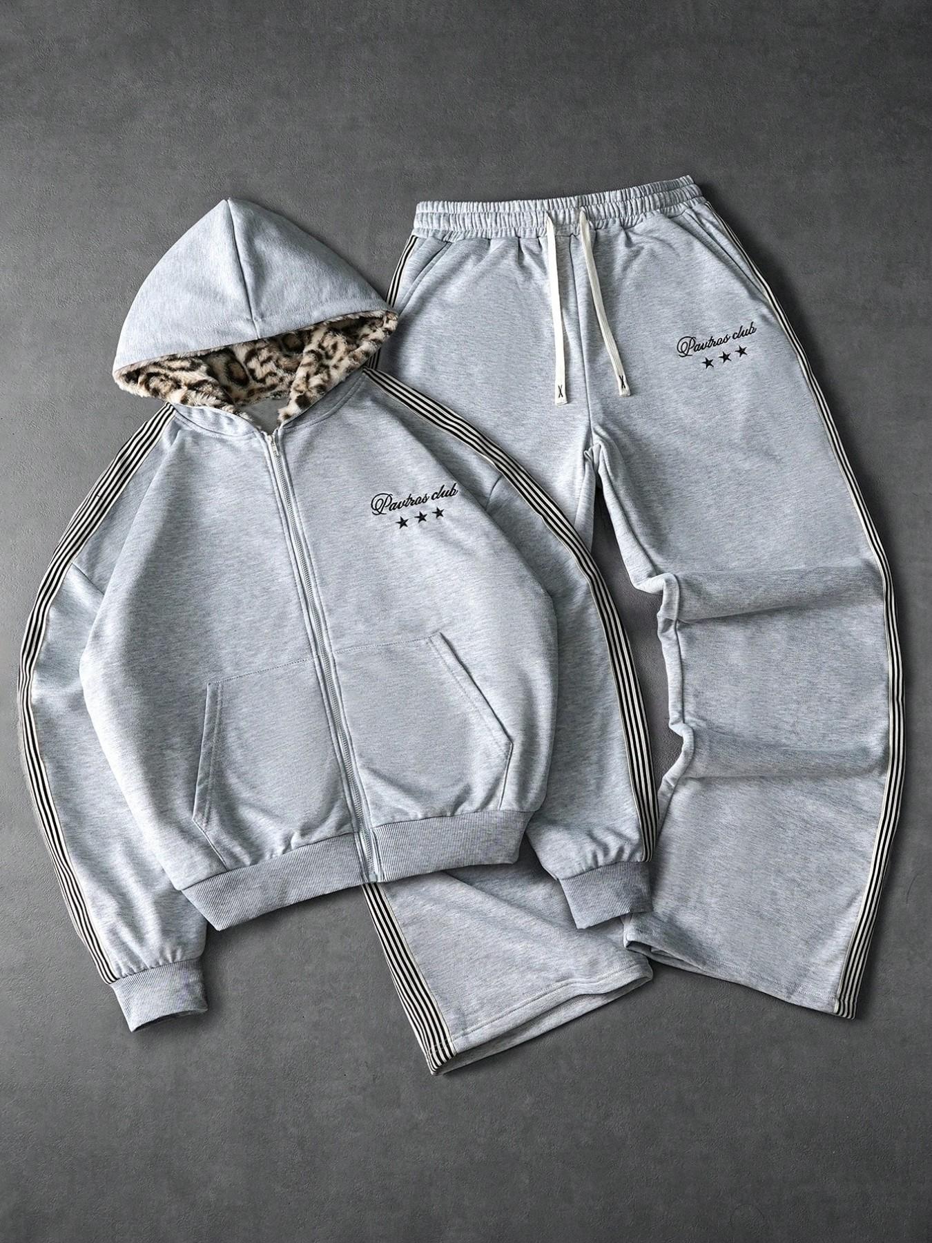 Men's Loose Hoodie and Wide Leg Jogger Set, Leopard Print Embroidery, Casual Comfortable Fit, Spring & Fall Home Wear