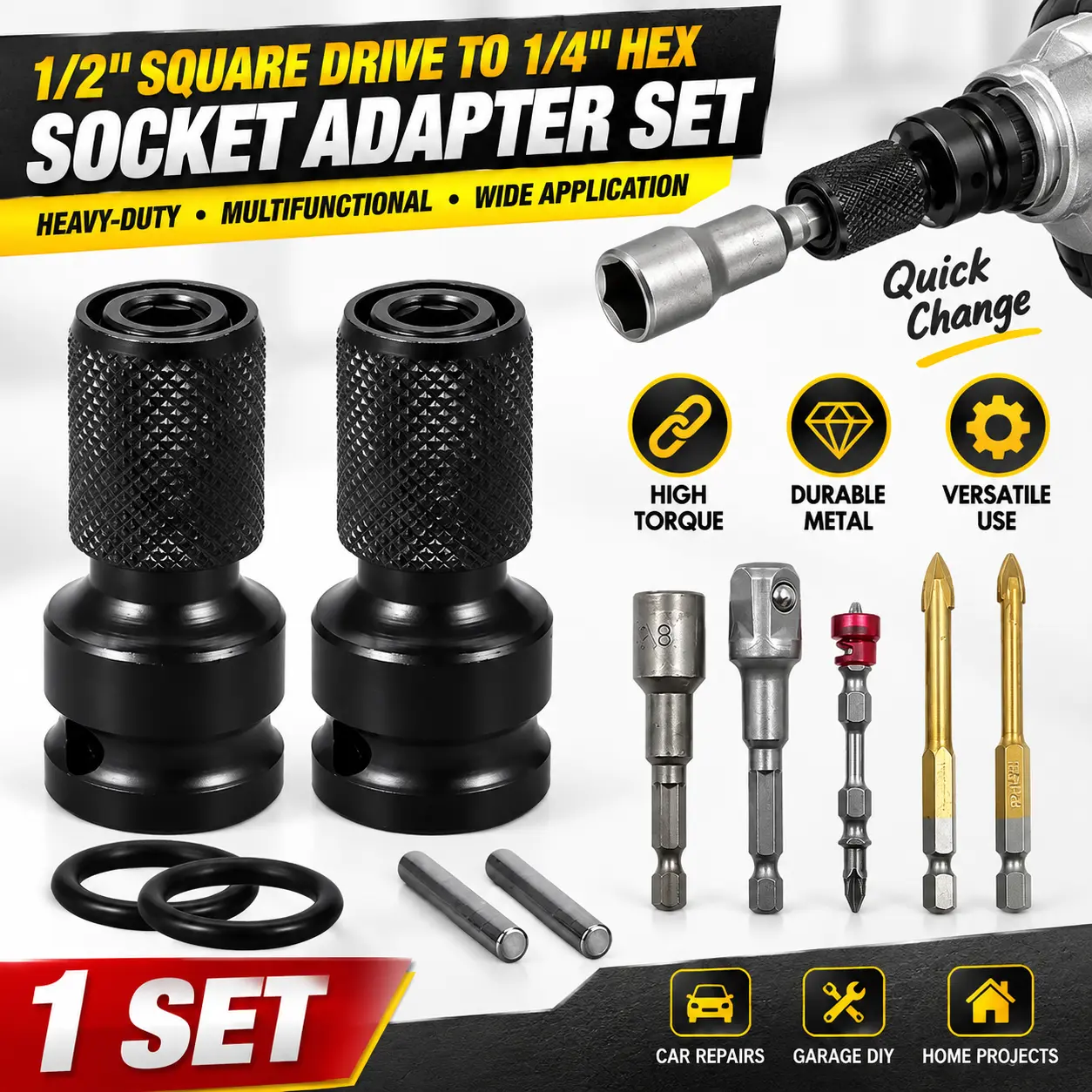 Multifunctional 1/2" Square Drive to 1/4" Hex Female Socket Adapter Kit, High-Strength Metal Quick-Change Wrench Converter with Heavy-Duty High-Torque Design, Practical Power Tool Attachment for Pneumatic Impact Wrenches, Electric Wrenches, Socket Convers