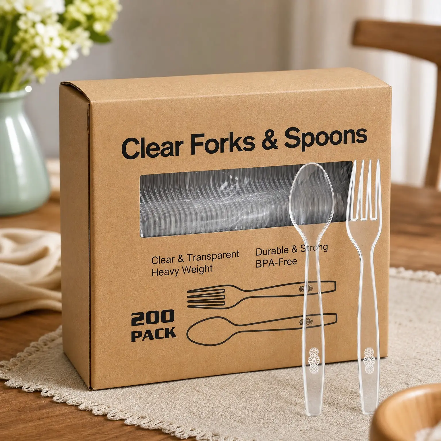 200 Count Heavy Weight Clear Plastic Forks and Spoons Set | 100 Forks + 100 Spoons Disposable Cutlery for Weddings, Parties & Everyday UseGift