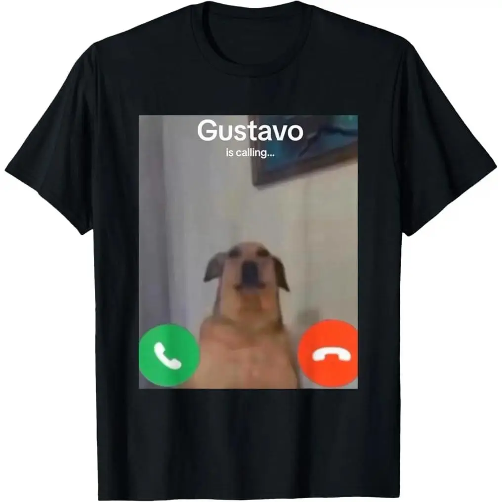 Unisex Cotton Gustavo The Dog Calling Funny Print T-Shirt, Menswear Tops, Short-Sleeve, All Seasons Gen Z Alpha Brainrot Meme Tee