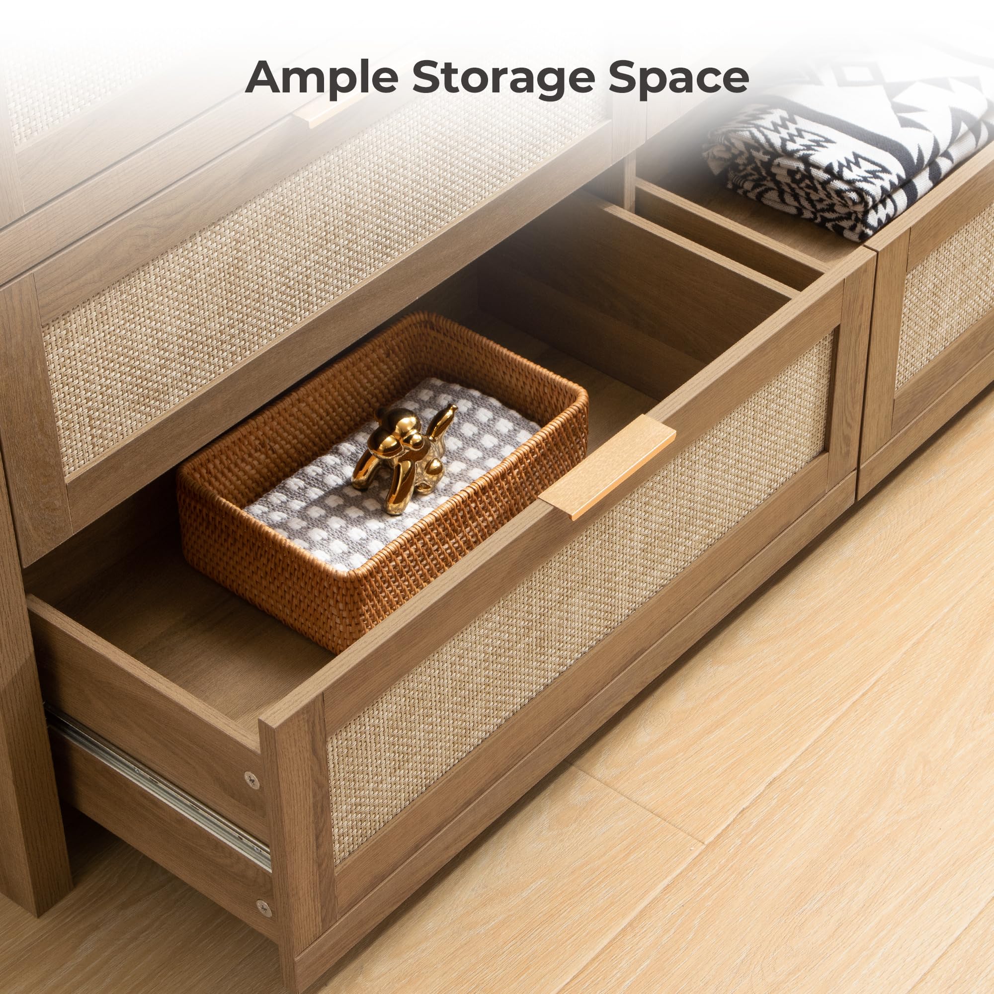 SICOTAS Rattan Dresser for Bedroom, 17.7" x 56.9" x 31.3" Size 6 Drawer Dresser with Ample Storage,Unique Engineered Wood Dressers Large Chest of Drawers for Nursery, Closet, Boho TV Stand for Bedroom, Sturdy and Durable, Easy Installation