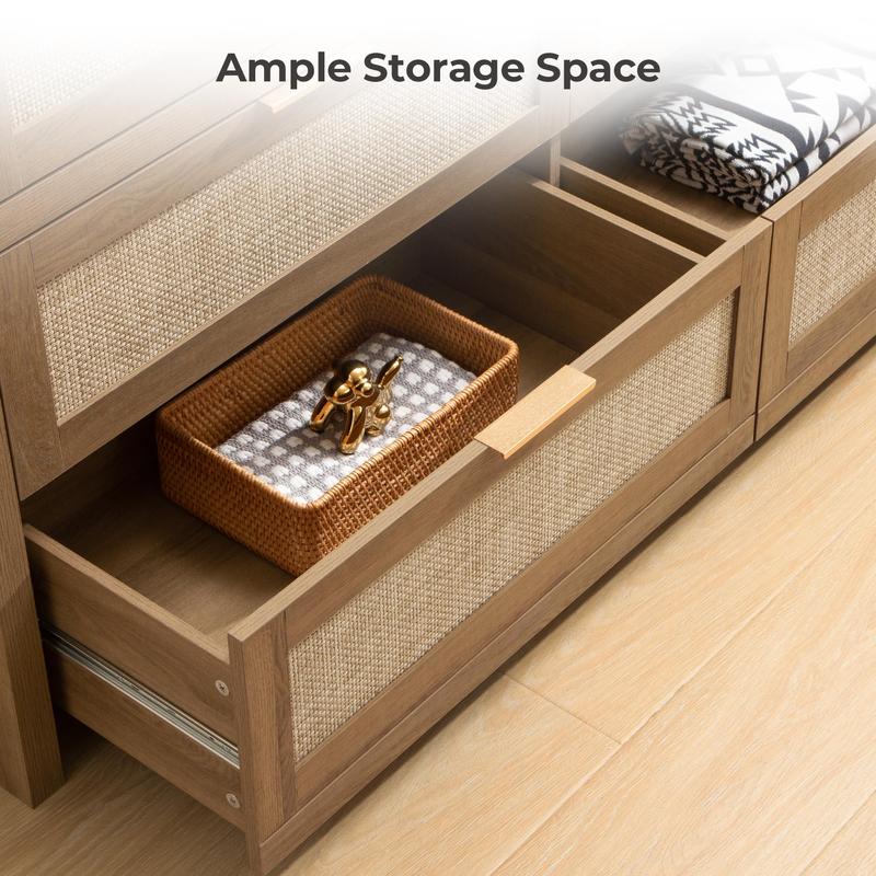 SICOTAS Rattan Dresser for Bedroom, 17.7" x 56.9" x 31.3" Size 6 Drawer Dresser with Ample Storage,Unique Engineered Wood Dressers Large Chest of Drawers for Nursery, Closet, Boho TV Stand for Bedroom, Sturdy and Durable, Easy Installation