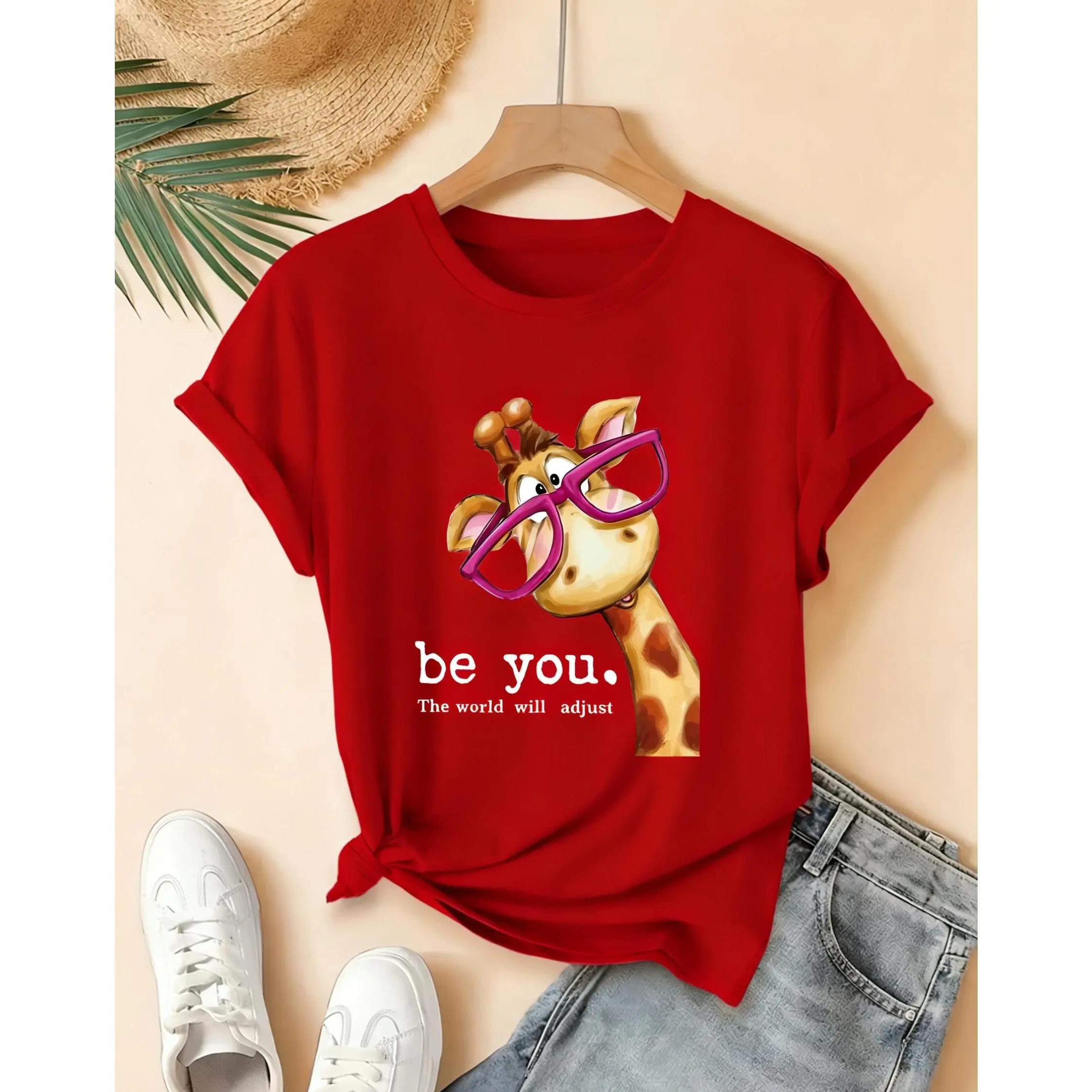 Ladies Casual T-Shirt | Cartoon Giraffe with Exaggerated Pink Frame Glasses Print, Crew Neck, Short Sleeves, Fashionable Commute and Vacation Versatile Vintage Style Top for Spring/Summer/Fall #SummerVibes Tee Womenswear