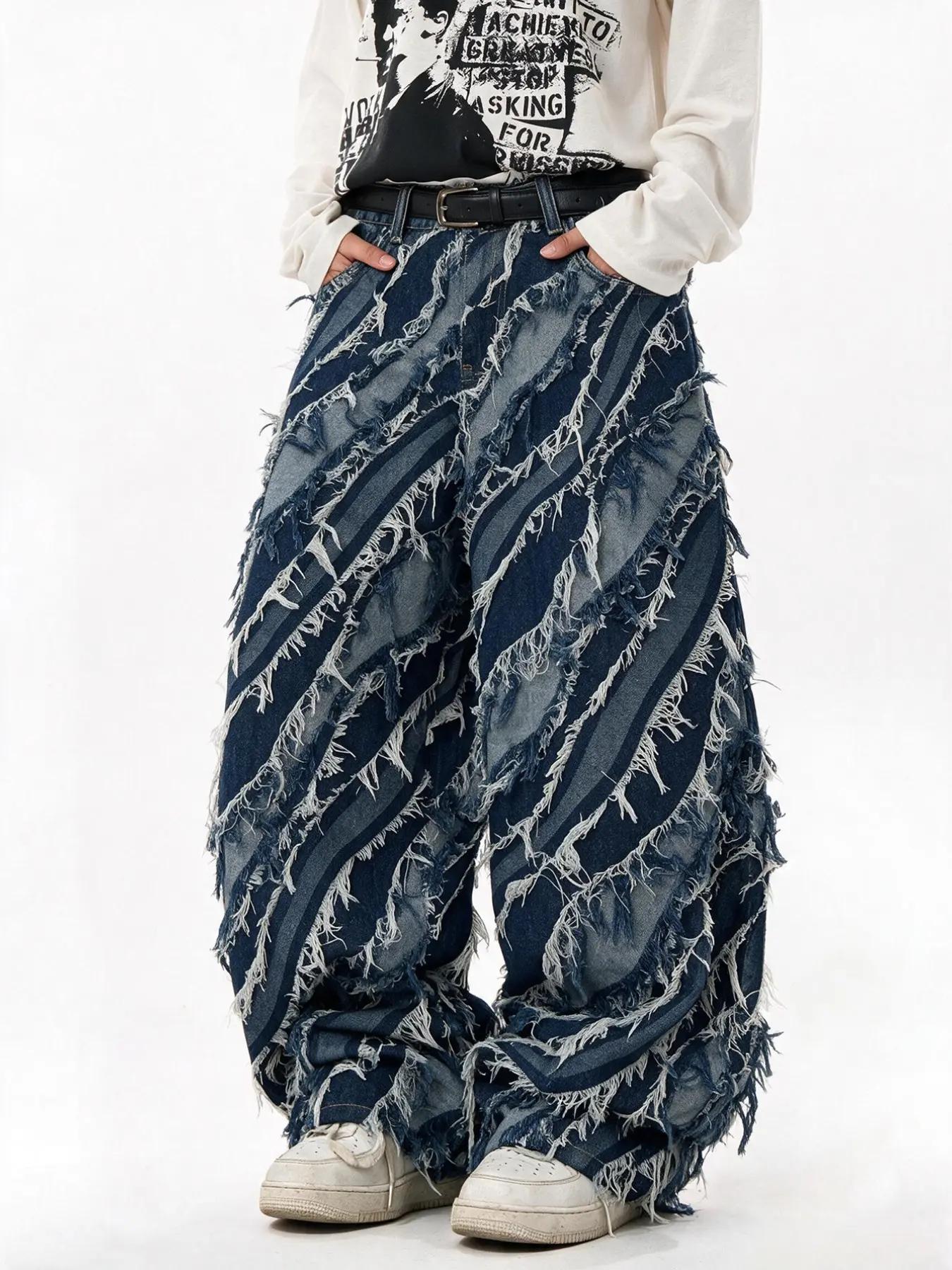 Men's Wide Leg Jeans, Frayed Edge Destroyed Wide Leg Denim Jeans, Patchwork Stripes Street Style Y2K, Loose Oversize Trousers