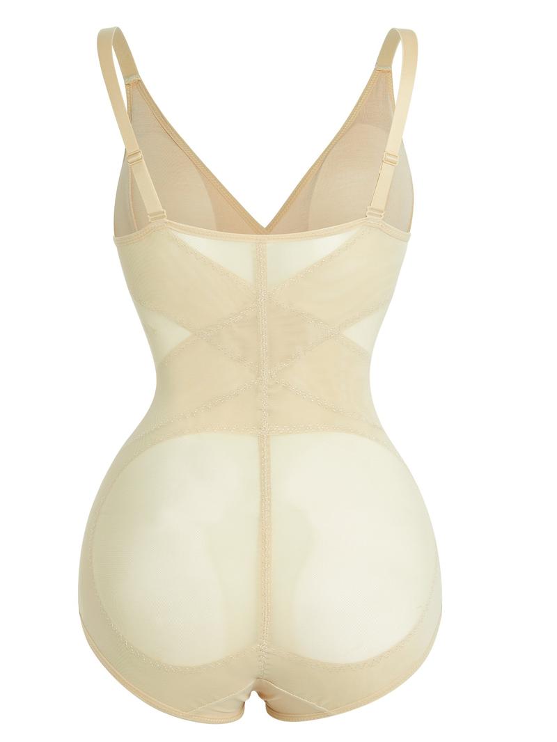Women's Solid Sheer Contrast Mesh Padded Shapewear Bodysuit, Deep V Neck High Stretch Butt Lift Tummy Control Shapewear Cami Bodysuit, Women's Shapewear