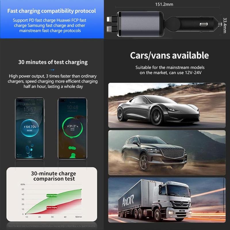 4-in-1 Car Charger, 66W Retractable Car Charger with Star Projector Night Light and LED Decorative Ceiling Light, USB Car Adapter with 2.6ft Retractable Cable Fast Charging Magnetic Wireless Magnetic Charging portable charger