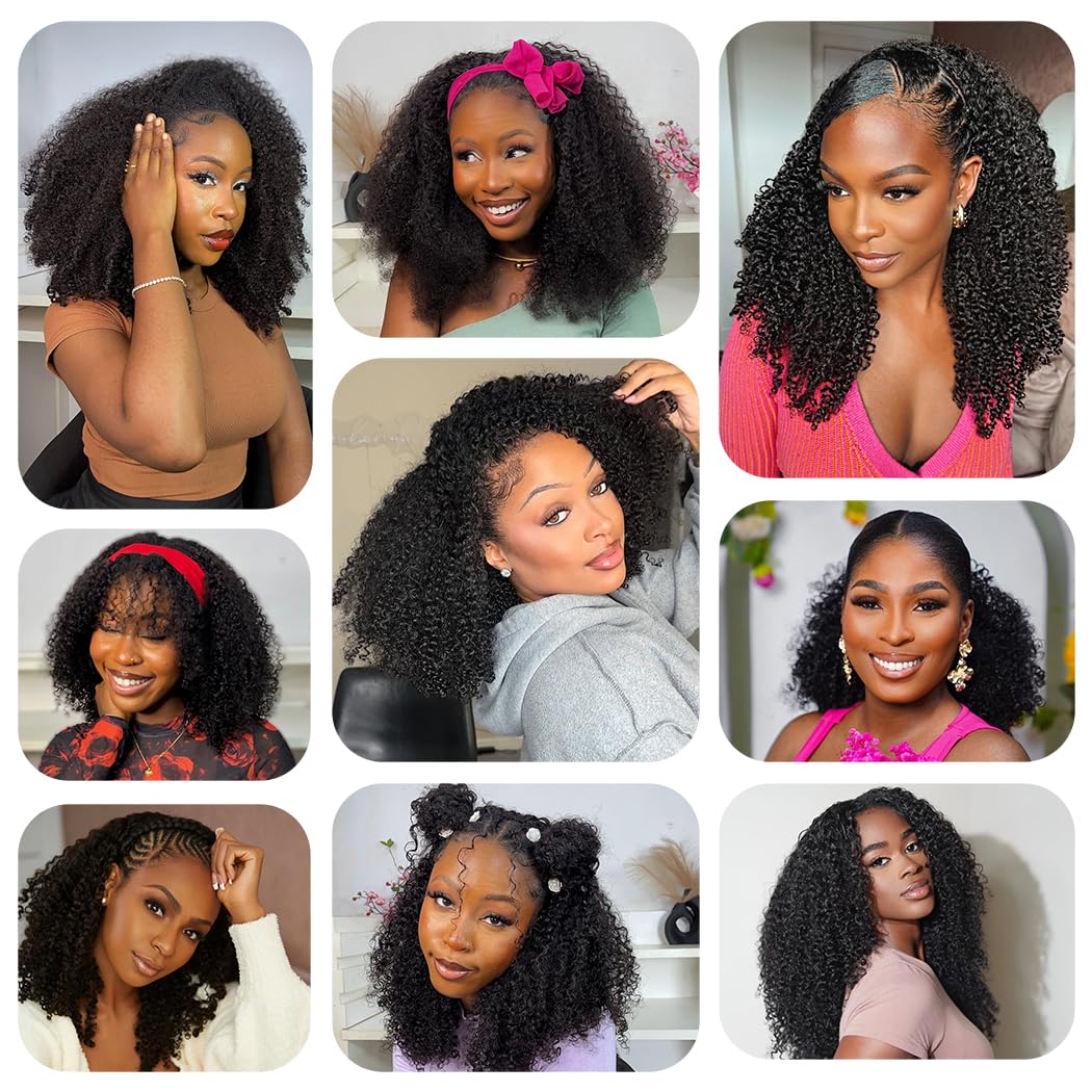 【Half Wig】Bling Hair Kinky Curly Half Wig Human Hair Seamless Kinky Curly 3 In 1 Half Wig Flip Over Beginner Friendly Glueless Wear and Go Drawstring Heandband Clip in Wig No Sew In Black Color 12-32 Inch
