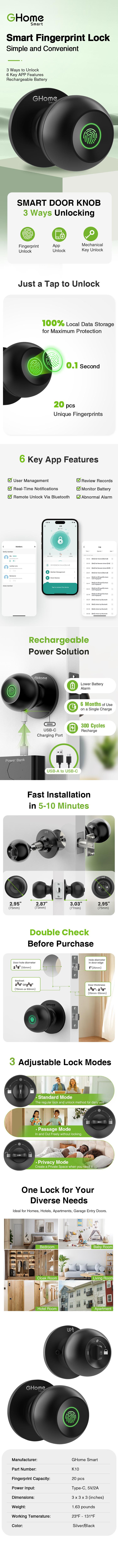 GHome Smart Fingerprint Door Knob, Rechargeable Biometric Smart Lock with App Control for Bedroom, Home, Office, Garage, Hotel, and Apartment