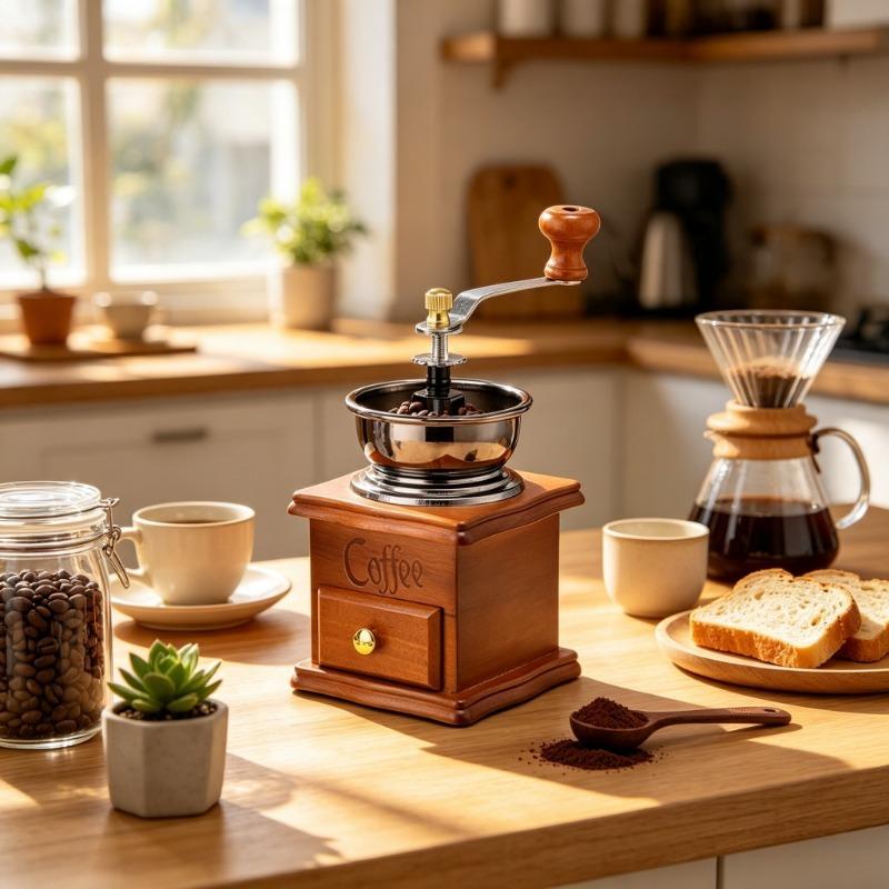Vintage Wooden Manual Coffee Grinder, Portable Hand Crank Coffee Bean Mill with Collection Drawer, Adjustable Grinding for Camping, Travel, Home & Office Coffee Brewing