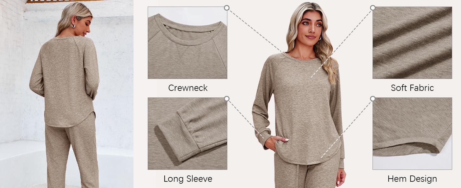 FISOEW Women's Solid Sweatsuit Set 2 Piece Long Sleeve Pullover and Drawstring Sweatpants Sport Outfits Sets viral  knit  set two piece set women two piece outfits matching sets women #TikTokShopBlackFriday #TikTokShopCyberMonday Sporty Round Neck