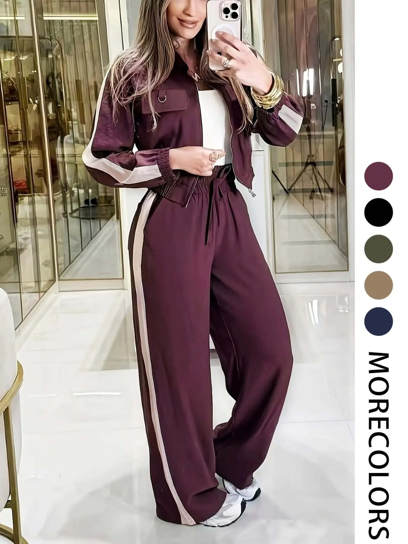 Women's Casual Two-Piece Set, Short Zipper Jacket and High-Waisted Long Pants, Comfortable Loose-Fit for All Seasons