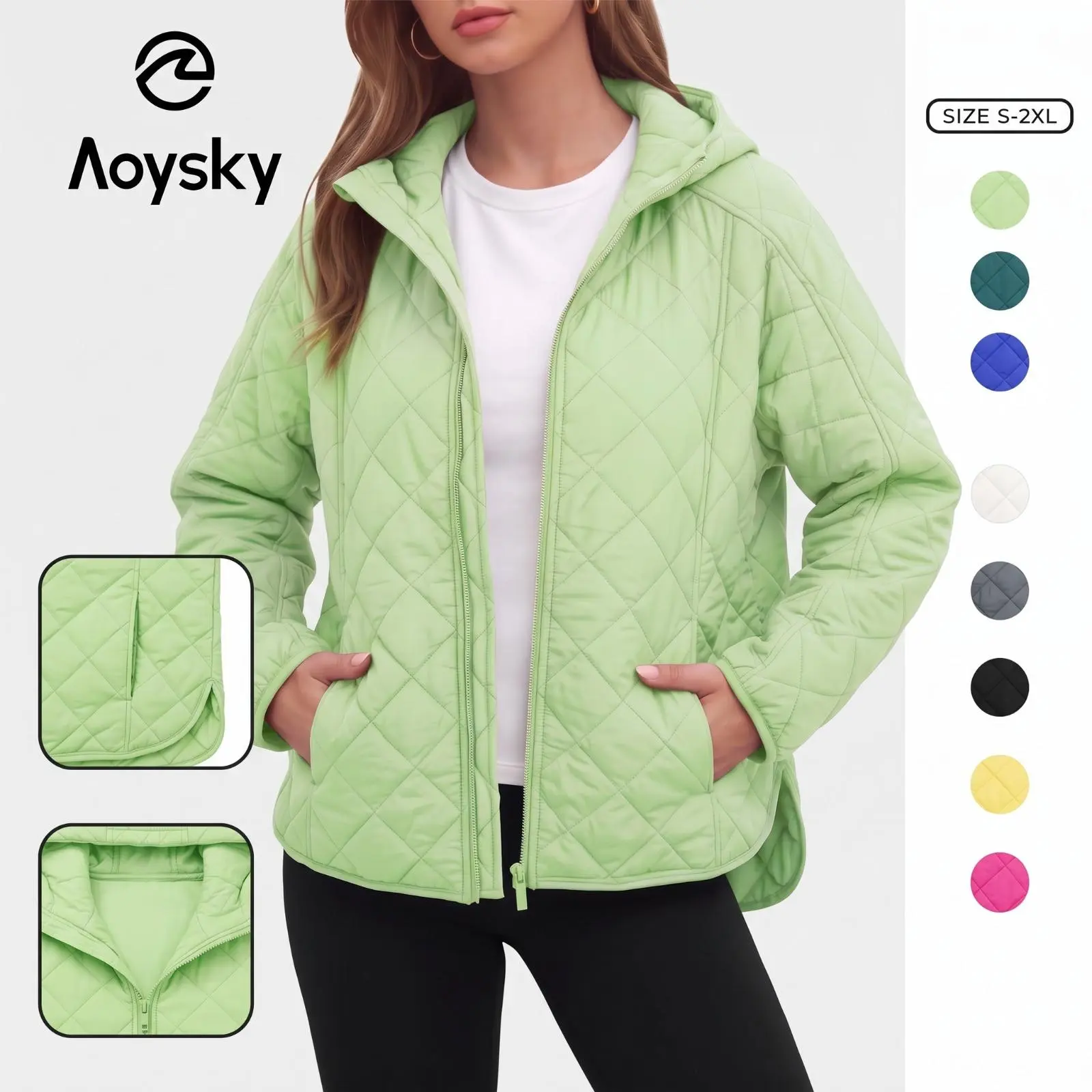Aoysky Women Quilted Hooded Jacket, Lightweight Padded Coat, Water Resistant Casual Warm Outerwear for Fall Winter Daily Outdoor