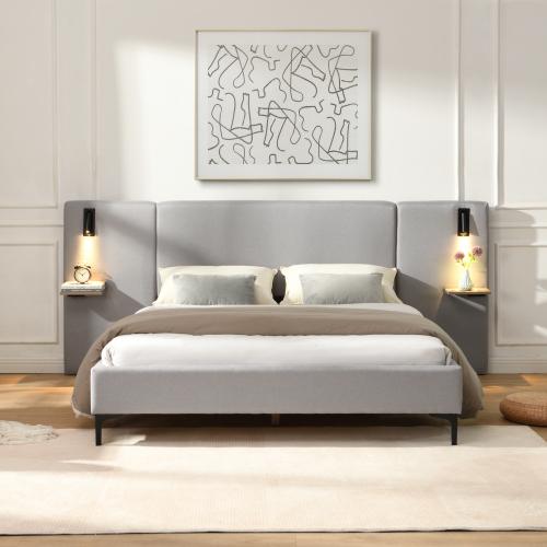 Queen/King/Chic Linen Upholstered Bed with Integrated Lights and Shelves, Grey