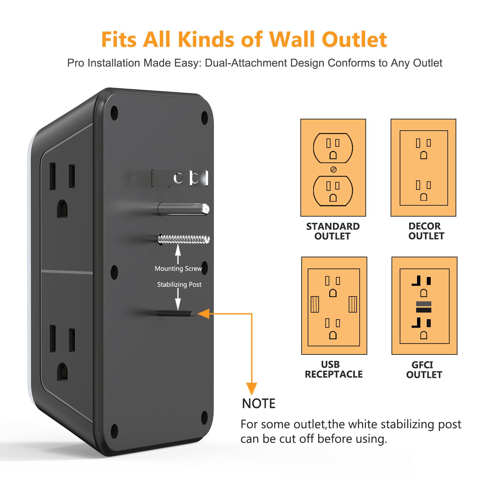 3-Pack Wall Outlet Extender Surge Protector with Night Light, 6-Outlet Power Socket Extender with 4 USB Ports (2 USB-C), 3-Sided Multi Plug Wall Adapter, Multifunctional Power Strip for Home, Office, Kitchen and Travel