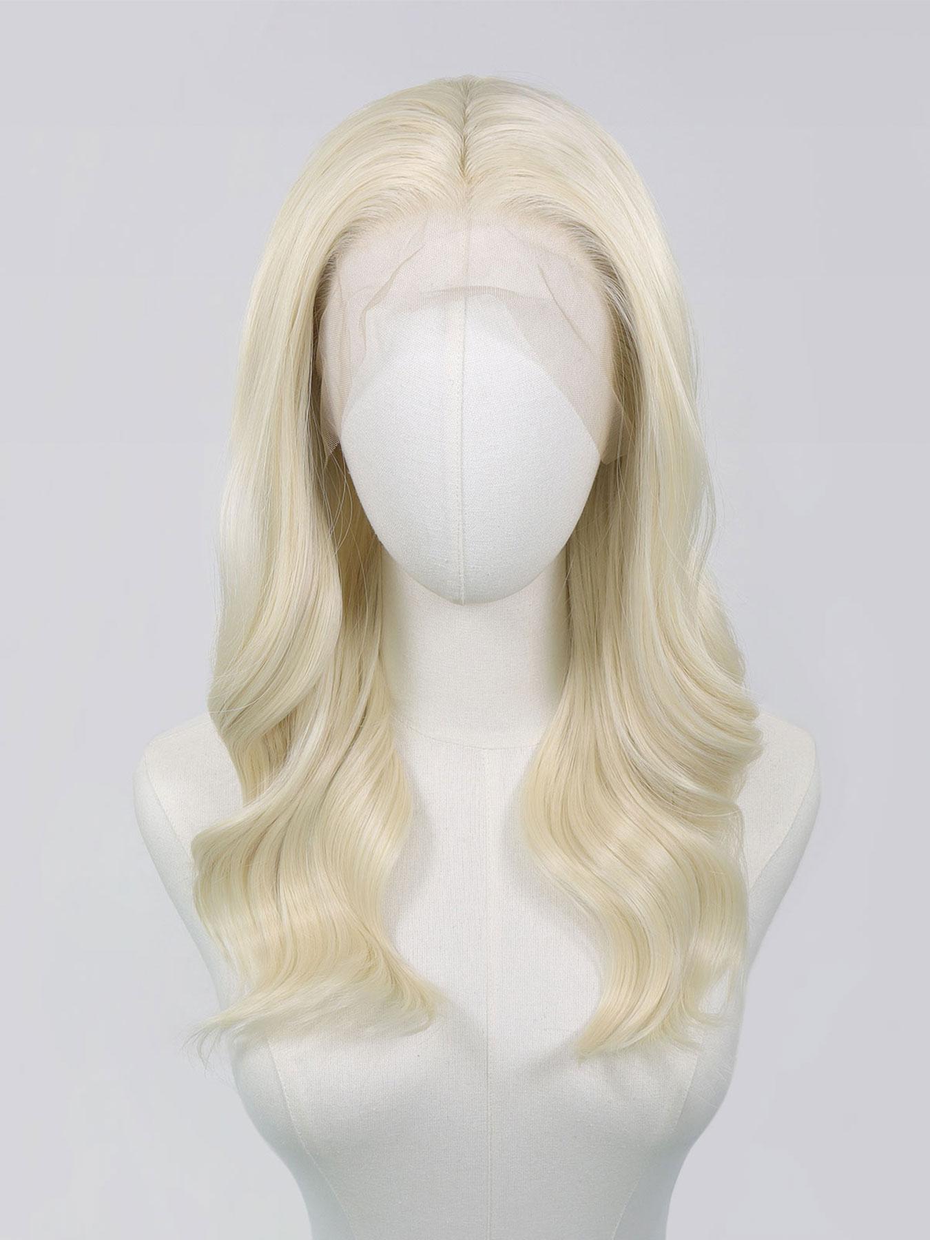 16 Inch Blonde Synthetic Lace Front Wig For Women, 13x4 Front Lace Natural Hairline,Medium Length Body Wave, Middle Part,  Heat Resistant Fiber, Daily/Party/Cosplay Wig