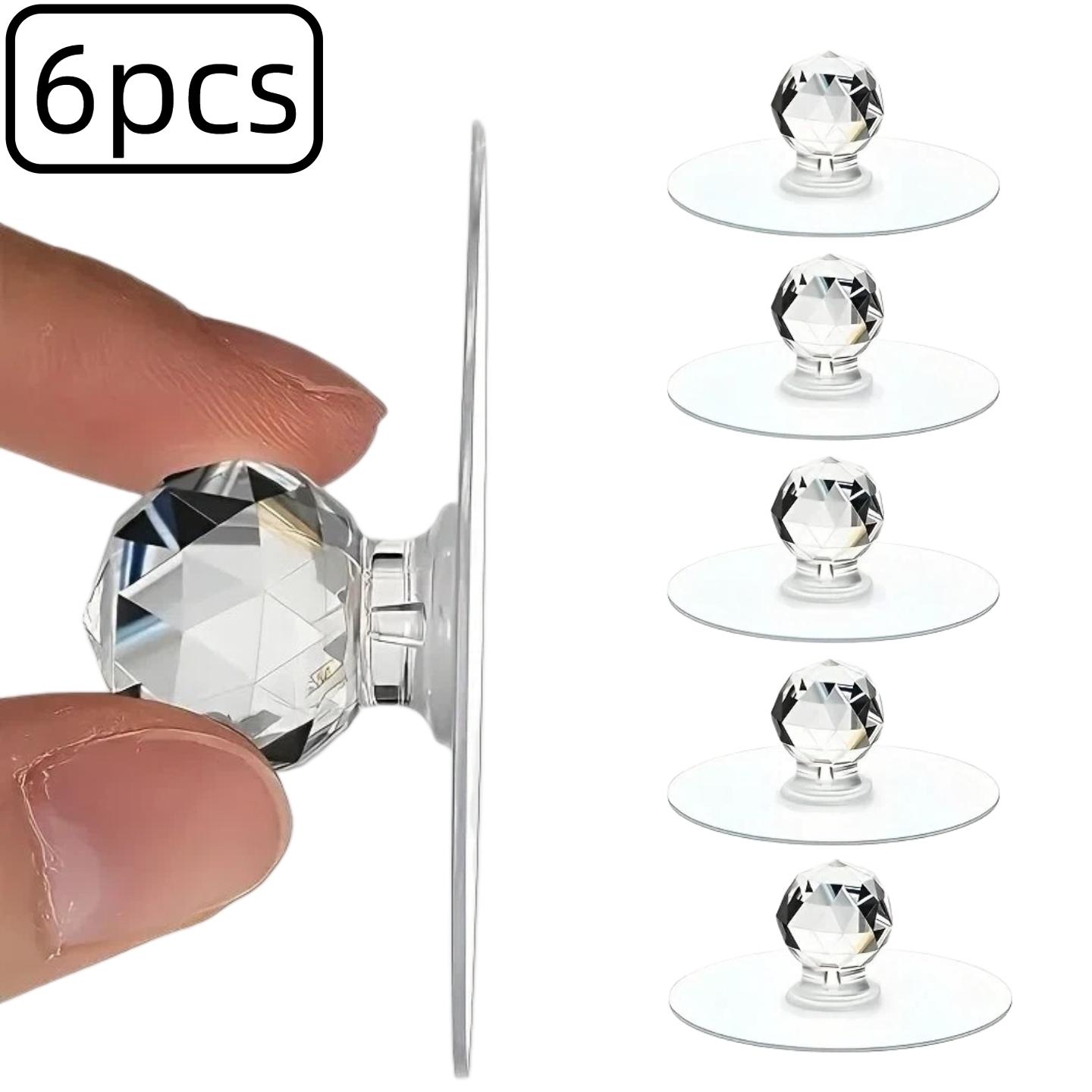 6pcs transparent glass self-adhesive crystal handles, decorative furniture hardware with hooks, for home and kitchen cabinets