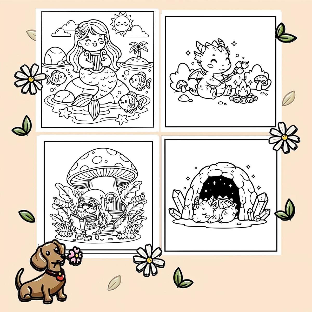 Fantasy Friends Bold & Easy Coloring Book for Kids & Adults - 22 Cute Kawaii Magical Creature Coloring Pages, 120gsm Thick No Bleed Paper, Non-Toxic Odorless, Glue Binding, Perfect for Stress Relief