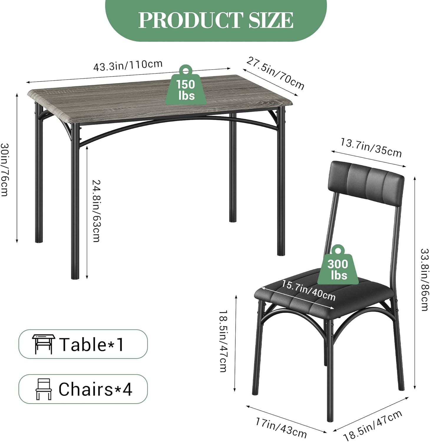 Kitchen Table Set with Chairs, Dining Table Set for 4, Metal and Wood Rectangular Dining Room Table Set with 4 Upholstered Chairs, 5 Piece Dining Set for Small Space, Apartment