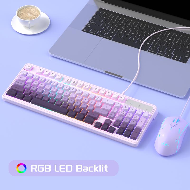 MageGee GK980 Creamy Keyboard and Mouse Combo, It Feels Purple And White Keyboard，Wired RGB Backlit Keyboard and Pink Gaming Mouse Combo,PC Keyboard and Adjustable Sensitivity Mouse for PC/loptop/MAC