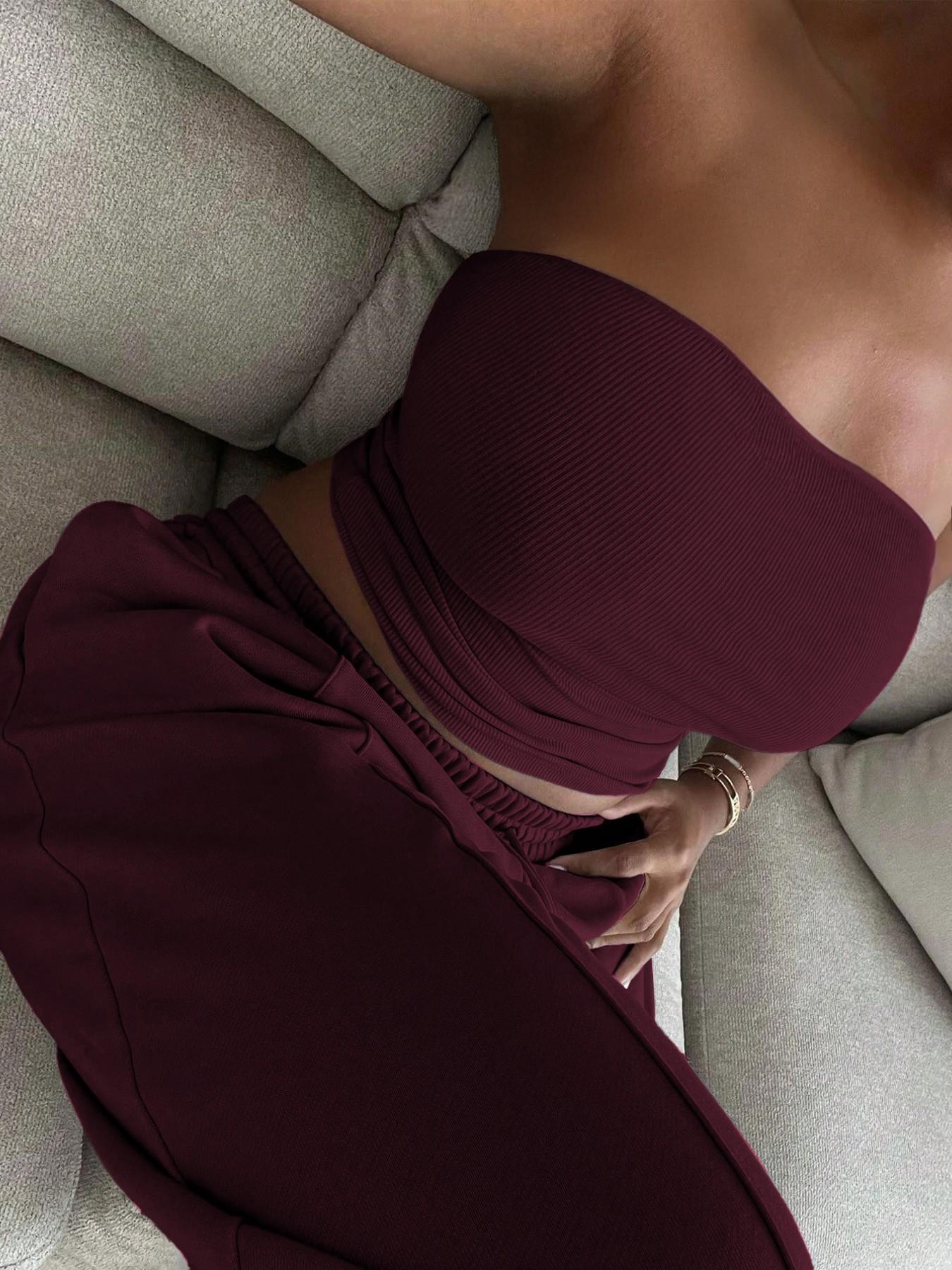 Women's High-End Plain Slim Fit Tank Top & Drawstring Adjustable Wide Leg Pants Set, Comfortable Casual Elastic, Perfect for Daily Wear