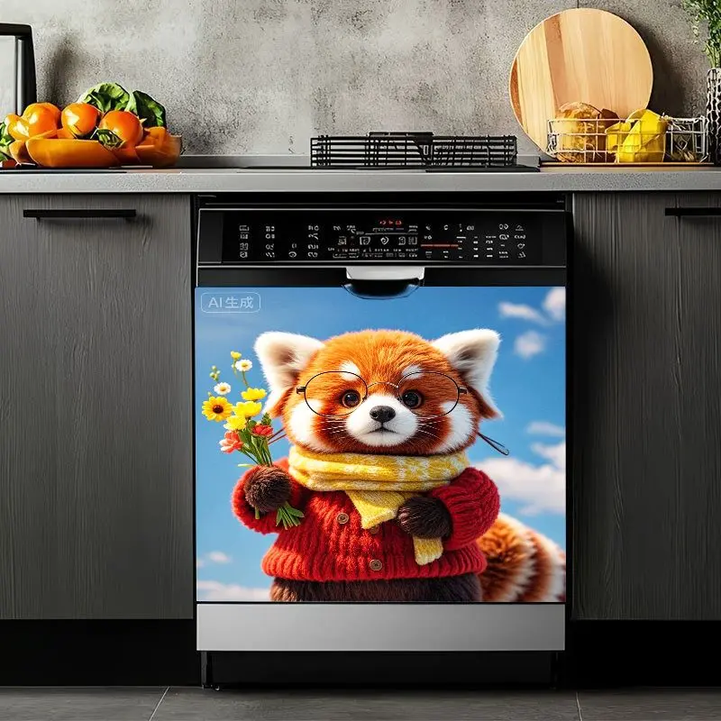 2D Flat 2Pcs Dishwasher Cover Sticker Cartoon Red Panda Design with Glasses Scarf Sweater Waterproof Decal for Kitchen Appliances Home Decoration Self-Adhesive Removable Vinyl Film Refrigerator Washer Machine Door