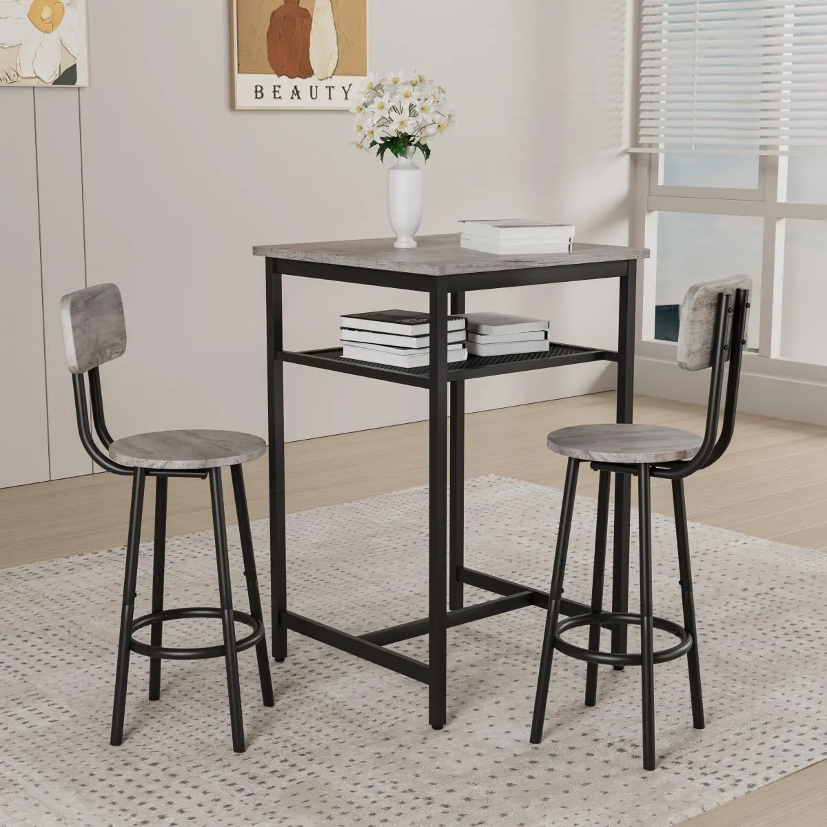 3-Piece Counter Height Bar Table Set with 2 Backrest Stools and Partition, Wood Grain Top and Black Metal Frame, Space-Saving for Kitchen and Dining Room