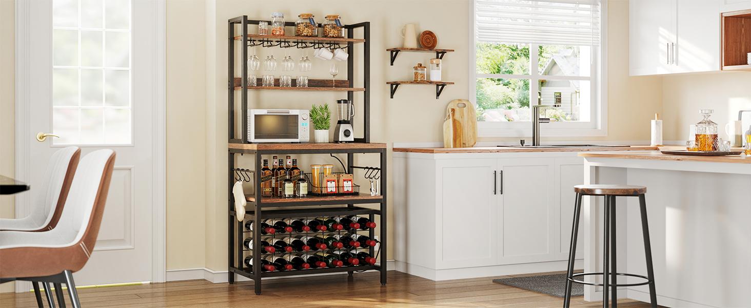 Yitahome Kitchen Microwave Bakers Stand with Wine Rack, Wine Rack Freestanding Floor, Small Storage Shelves for Liquor Bottle Glasses Power Outlet Farmhouse Coffee Bar 31/35 Inch