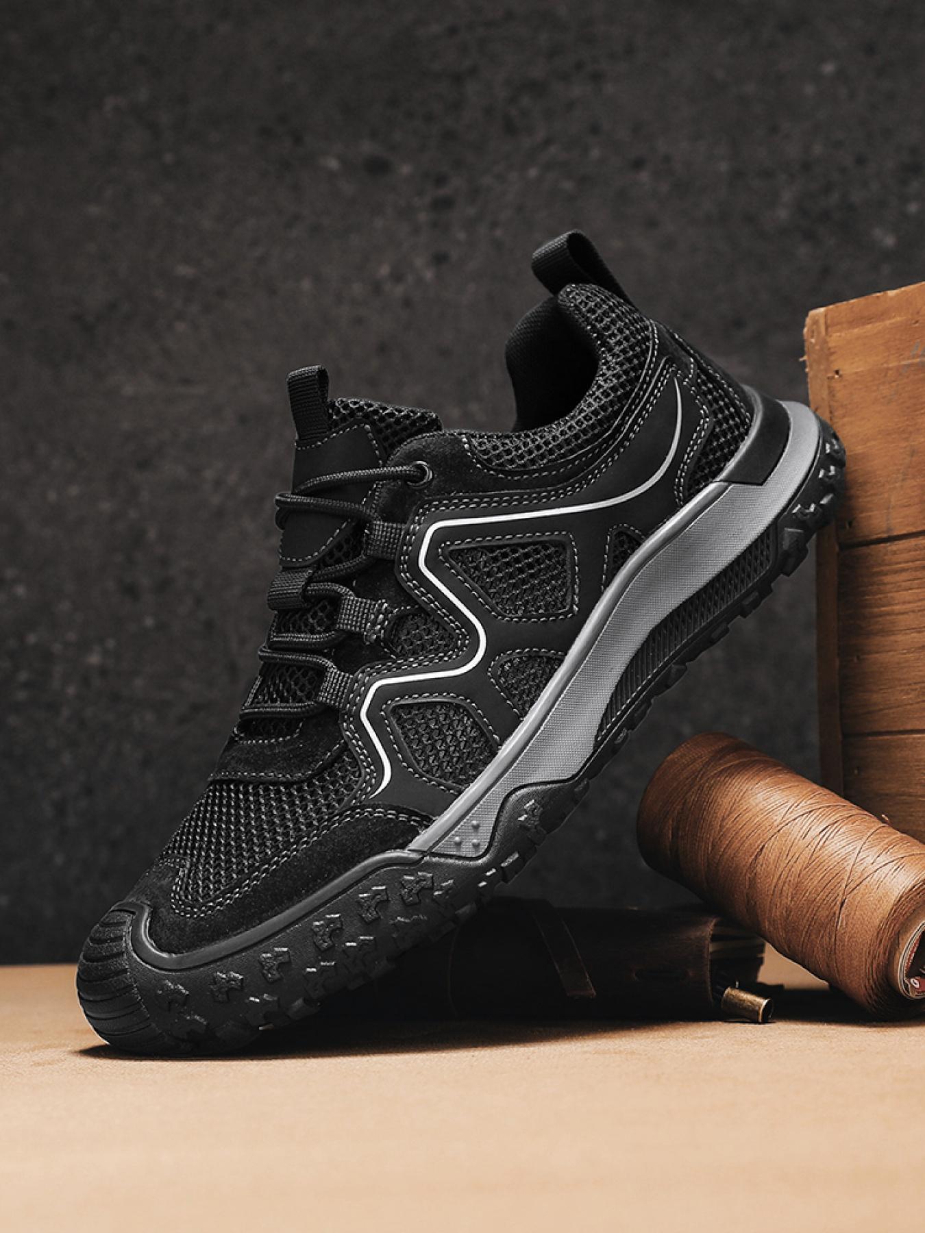 Men's Solid Color Mesh Breathable Outdoor Hiking Shoes Drawstring Toe Cap Trekking Shoes Non-Slip Wear-Resistant Casual Sneakers