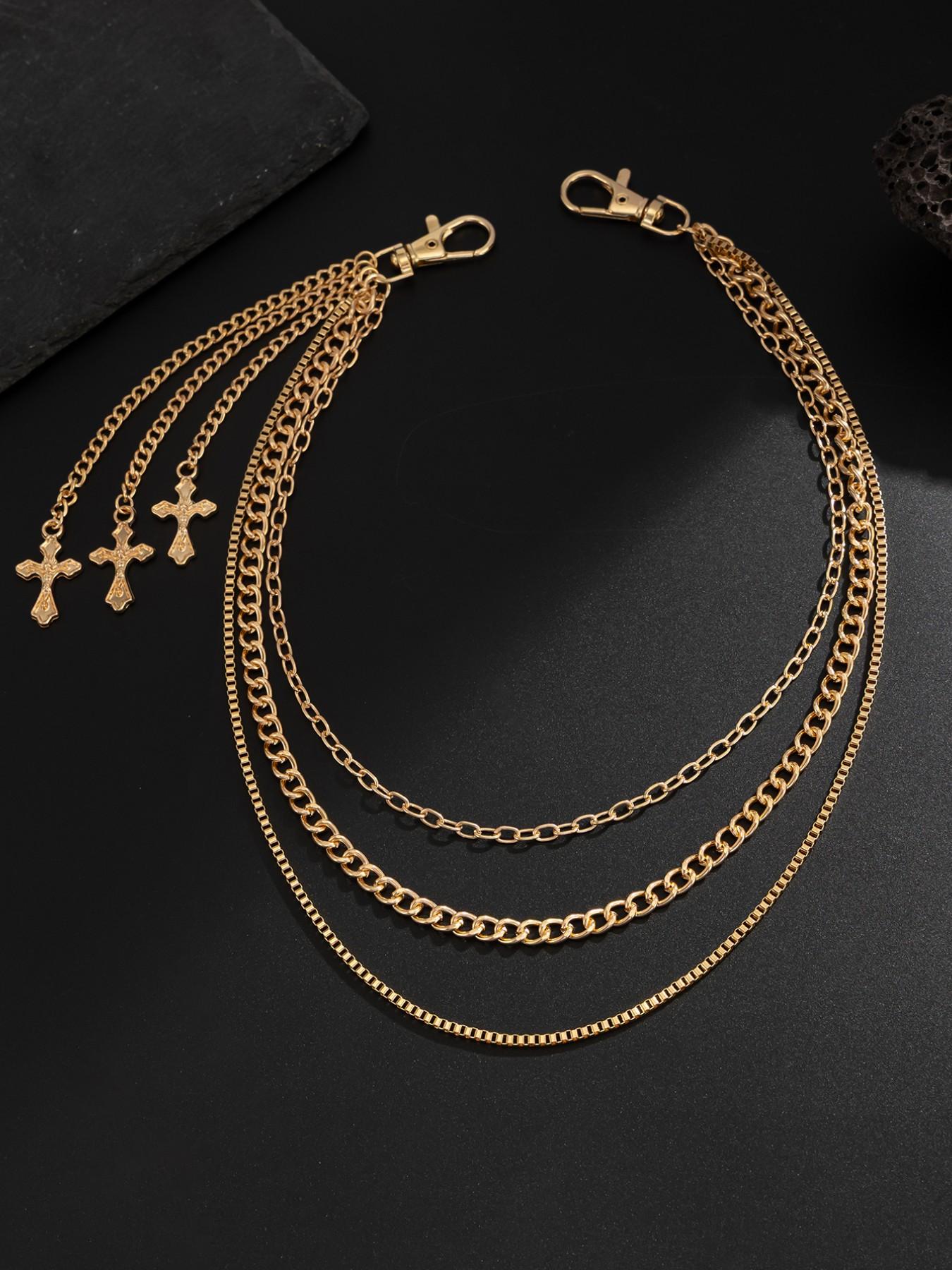 Men's Cross Charm Layered Chain Belt, Punk Style Jeans Chain, Western Buckle Belt, Fashion Belt for Party, Daily Clothing Decor, Trendy All-match & Exquisite Belt for Birthday Gift