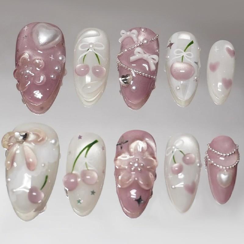 Pastel Pink Cherry & Bow Cat Eye Press On Nails, 3D Epoxy Love Heart, Low Saturation Nude Tone, Sweet Gentle Fresh Style, Pearl Chain & Rhinestone Bling Luxury Wearable False Nails