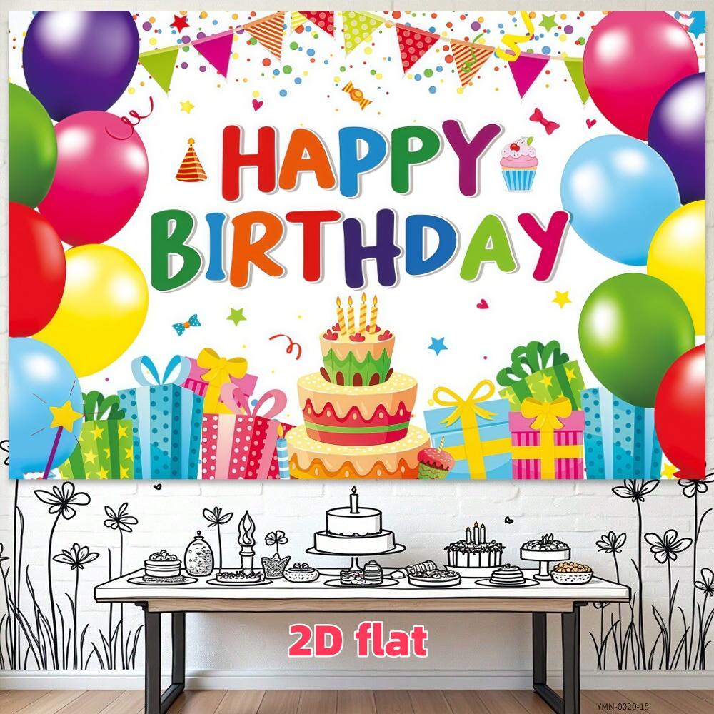 Colorful Birthday Party Backdrop Banner, Polyester Material, Balloon and Cake Elements, Home Decor, Indoor and Outdoor Parties, Photography Background