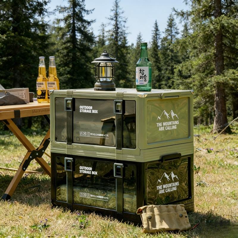 Foldable outdoor storage box, small folding camping storage box with transparent door, suitable for camping, picnic, RV and home storage
