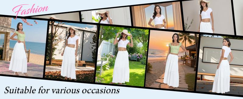 White Maxi Skirt for Women Casual Elastic Waist A-Line Summer Boho Beach Long Skirts