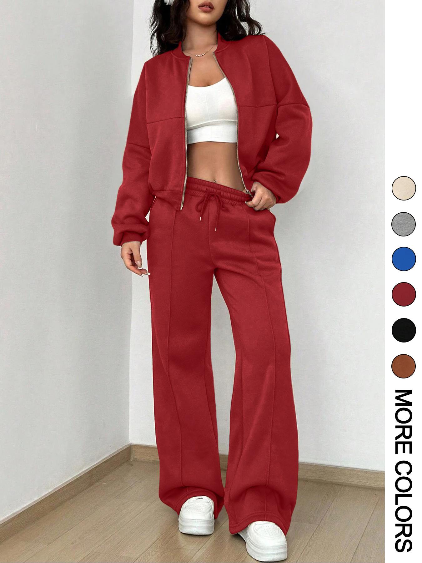 Women's Solid Zip Up Crop Jacket & Drawstring Waist Pants Two-piece Set, Casual Fashion Drop Shoulder Long Sleeve Top & High Waist Trousers for Daily Outdoor Wear, Women's Clothing for Spring & Fall